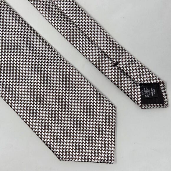 ERMENEGILDO ZEGNA SILK TIE HOUNDSTOOTH WHITE BROWN LUXURY SATIN 3.5" X 58" - Picture 1 of 5